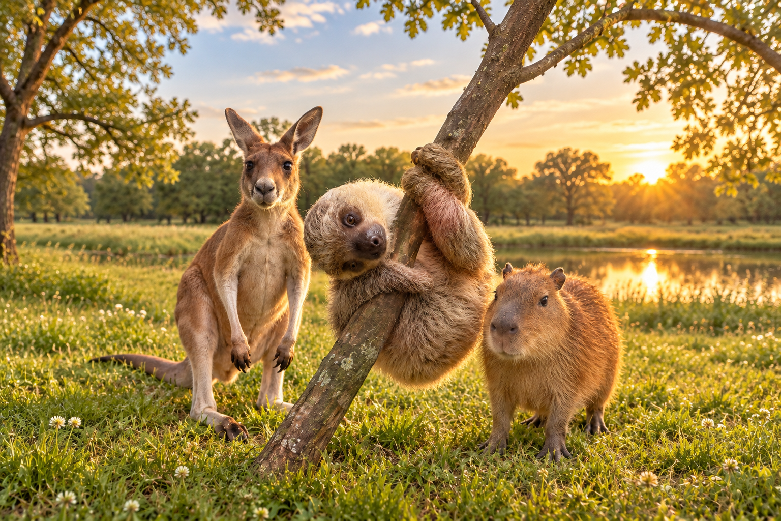 Sadie the two-toed sloth, Jack the kangaroo, and our capybara in a portrait rendered from their real photographs.